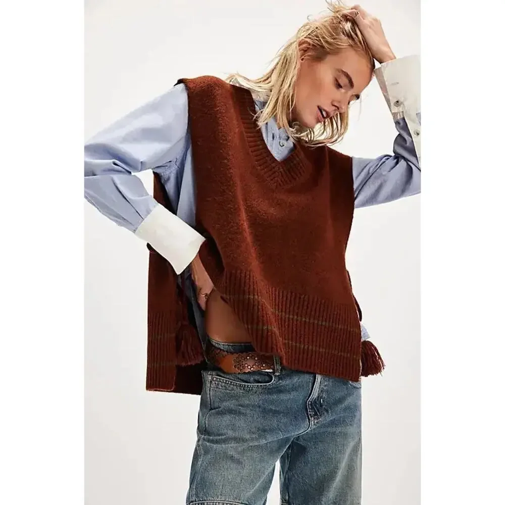 Free People All Star Stripe Poncho Burgundy OS